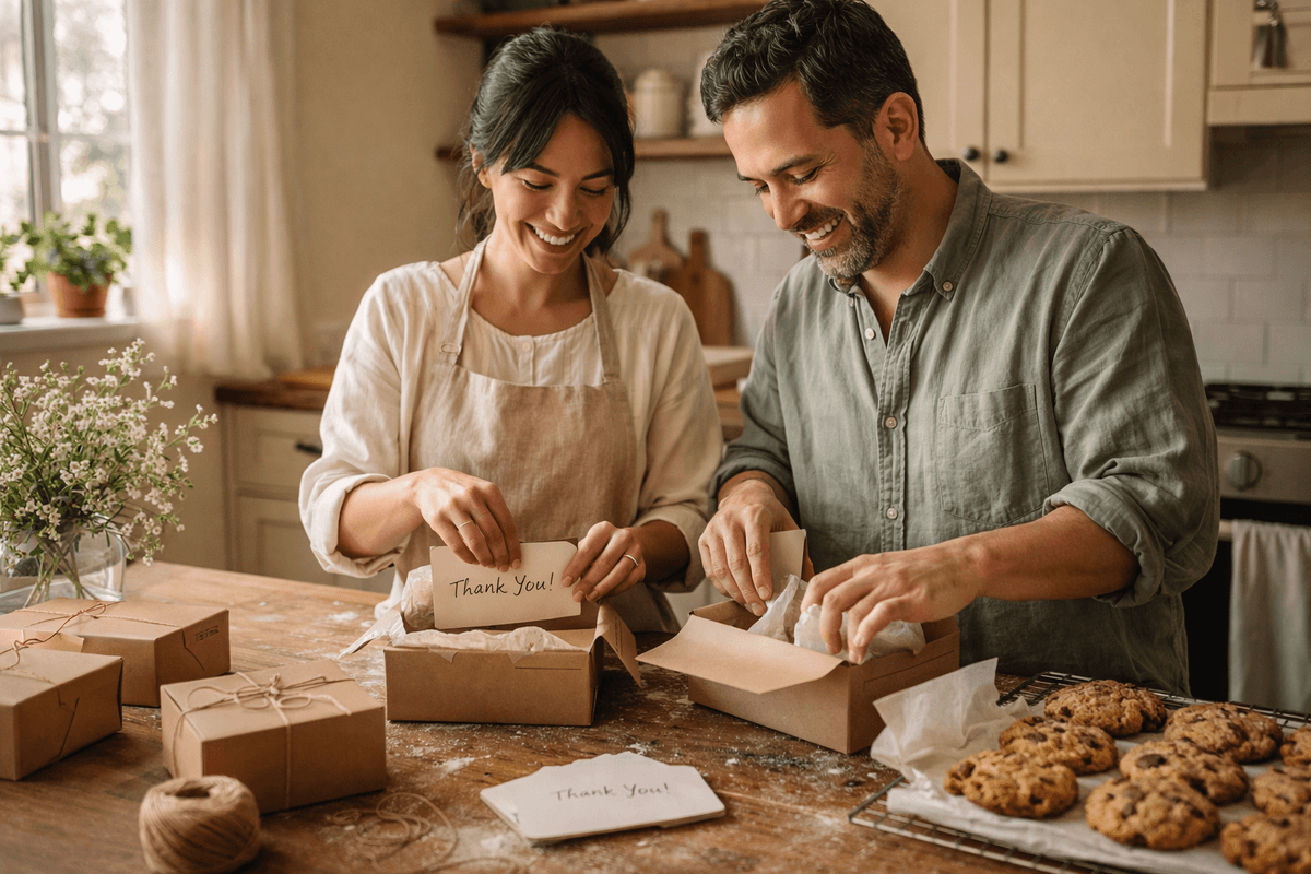 Home bakers packaging orders with handwritten thank you cards